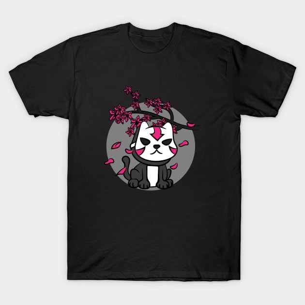 Japan Oni Mask Cat Cherry Blossom Anime T-Shirt by Foxxy Merch